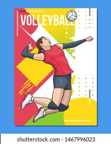 Vector illustration of female volleyball player jumping, ready to hit the ball. Volleyball sport themed poster on abstract background