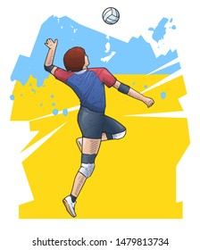 Imagen vectorial del jugador de voleibol femenino saltando, listo para golpear el balón. Afiche sobre el tema del deporte de voleibol en fondo abstracto