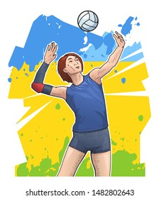 Vector illustration of female volleyball player jumping and ready to hit the ball. Sport themed volleyball poster on abstract background