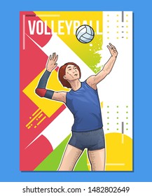 Vector illustration of female volleyball player jumping and ready to hit the ball. Sport themed volleyball poster on abstract background