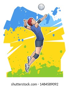 Vector illustration of female volleyball player jumping and hitting the ball. Sport themed volleyball poster on abstract background