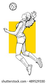 Vector illustration of a female volleyball player jumping. Beautiful sport themed poster. Female volleyball team. Line drawing