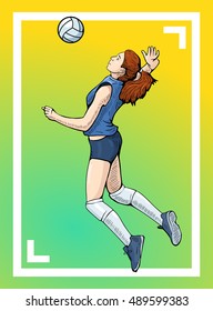 Vector illustration of a female volleyball player jumping. Bright and colorful sport themed poster. Female volleyball team
