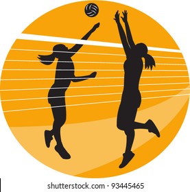 vector Illustration of a female volleyball player spiking hitting ball with other player blocking on isolated background.