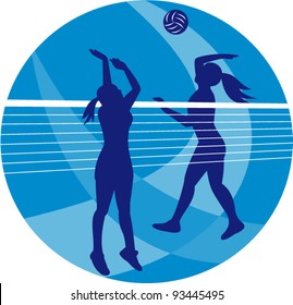 vector Illustration of a female volleyball player spiking hitting ball with other player blocking on isolated background.