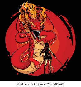 Vector illustration of female warrior face to face with dragon