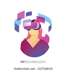 Vector illustration of female wearing VR goggle, Virtual Reality Technologies