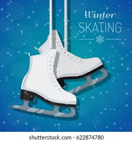 Vector illustration of female white figure ice skates hanging on laces. Winter holidays card. Winter background with snowflakes. Flat style design.