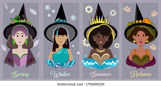 Vector illustration of female witches represent four seasons of the wiccan year. Set of multinational women portraits in magical style.