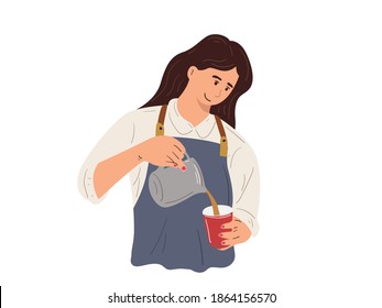 vector illustration female workers working as coffee shop baristas, baristas pouring and processing coffee preparations.