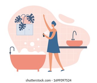 Vector illustration of female wrapped in towels spraying armpit with antiperspirant while standing near bathtub with foam after taking bath during hygienic routine at home