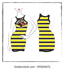 Vector illustration of a female yellow striped dress with a pattern. Front and rear views