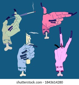 Vector illustration of female zombie hands with protruding bones. Hand holds a cigarette, hand holds a candle. Halloween.