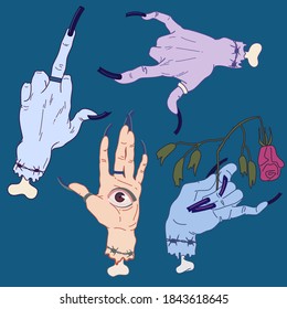 Vector illustration of female zombie hands with protruding bones. Hand holds broken rose, hand with eye and tattoo. Halloween.