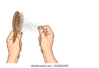 Vector illustration of females hands clean the comb from fallen hair,many hair fall after combing in hairbrush,hair loss problem,copy space,isolated on white background,Healthy hair beauty concept.