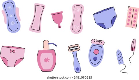 Vector illustration of feminine hygiene and care products. Sanitary pads, menstrual cups, underwear, razors, epilators, tampons, and skincare products set. Ideal for educational materials, healthcare