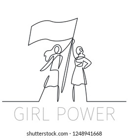 Vector illustration feminism concept in linear icon style - we can do it - girl showing flag - symbol of female power and woman rights. Continuous one line drawing girl power. Two young women symbol