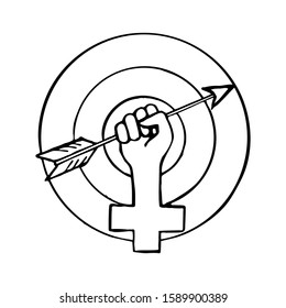 Vector illustration of a feminism symbol. Isolated on a white background. Doodle style. A fist gripping an arrow in the center of the target.