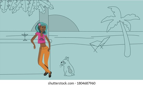 vector illustration, 
feminist with a dog drinking a cocktail on the background of the sea, 
sunset, feminism concept
