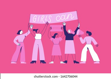 Vector illustration - feminist movement, stronger together fighting for women's rights - concept for prints, t-shirts, cards - happy women with banner 