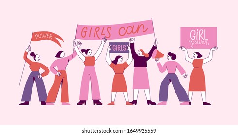  Vector illustration - feminist movement, stronger together fighting for women's rights , greeting card and banner for international women's day