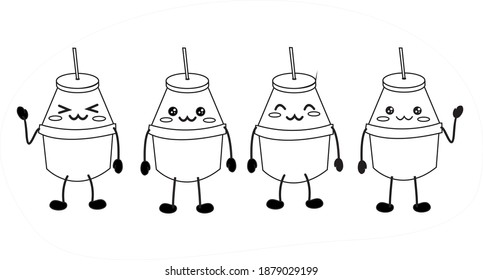 vector illustration of fermented milk packaging character. four bottle. outline image. colorless image for coloring books at kids book