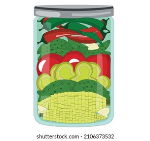 vector illustration of fermented mix vegetables. healthy food in a jar. healthy food promotion. bright and juicy vegetables in a glass jar. vegetarian food