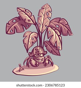 Vector illustration a fern among a flask of rum and a smiling crab in a pirate hat hand drawn sketch