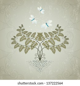 Vector illustration. Fern and lacewing on  vintage plaster background. Can be used as part of your pattern.