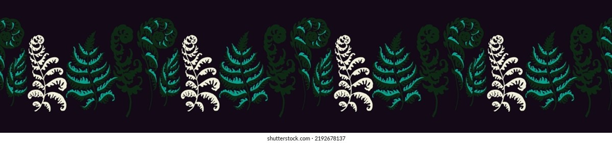 Ilustración vectorial del patrón de helecho. Patrón de hierro con huellas de hojas de helecho. Conjunto de siluetas de helechos. Se puede utilizar para textiles, papel pintado, papel de embalaje