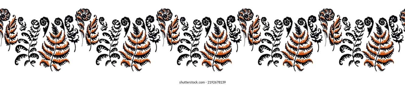 Ilustración vectorial del patrón de helecho. Patrón de hierro con huellas de hojas de helecho. Conjunto de siluetas de helechos. Se puede utilizar para textiles, papel pintado, papel de embalaje