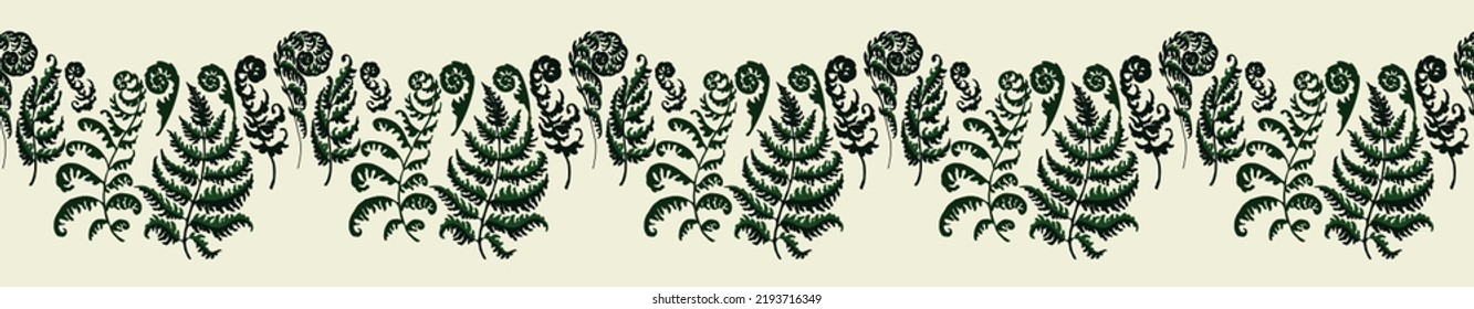 A vector illustration of fern pattern. Fern pattern with paint prints of fern leaves. Set of silhouettes of ferns. Can be used for textiles, wallpaper, wrapping paper