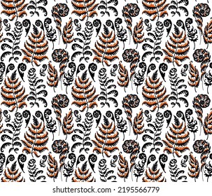 A vector illustration of fern pattern. Fern pattern with paint prints of fern leaves. Set of silhouettes of ferns. Can be used for textiles, wallpaper, wrapping paper