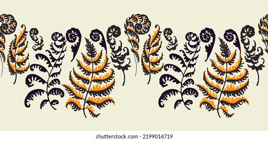 A vector illustration of fern pattern. Fern pattern with paint prints of fern leaves. Set of silhouettes of ferns. Can be used for textiles, wallpaper, wrapping paper