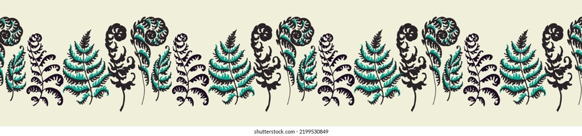 A vector illustration of fern pattern. Fern pattern with paint prints of fern leaves. Set of silhouettes of ferns. Can be used for textiles, wallpaper, wrapping paper
