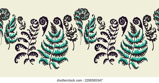 A vector illustration of fern pattern. Fern pattern with paint prints of fern leaves. Set of silhouettes of ferns. Can be used for textiles, wallpaper, wrapping paper
