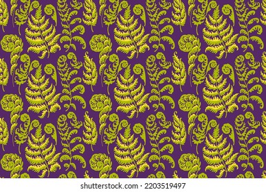 A vector illustration of fern pattern. Fern pattern with paint prints of fern leaves. Set of silhouettes of ferns. Can be used for textiles, wallpaper, wrapping paper