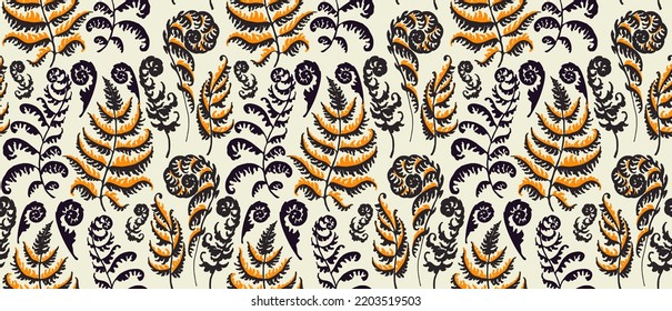 A vector illustration of fern pattern. Fern pattern with paint prints of fern leaves. Set of silhouettes of ferns. Can be used for textiles, wallpaper, wrapping paper