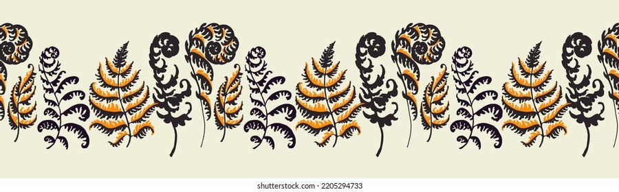 A vector illustration of fern pattern. Fern pattern with paint prints of fern leaves. Set of silhouettes of ferns. Can be used for textiles, wallpaper, wrapping paper