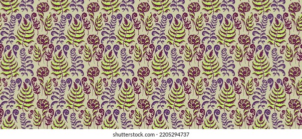 A vector illustration of fern pattern. Fern pattern with paint prints of fern leaves. Set of silhouettes of ferns. Can be used for textiles, wallpaper, wrapping paper