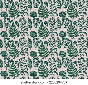 A vector illustration of fern pattern. Fern pattern with paint prints of fern leaves. Set of silhouettes of ferns. Can be used for textiles, wallpaper, wrapping paper