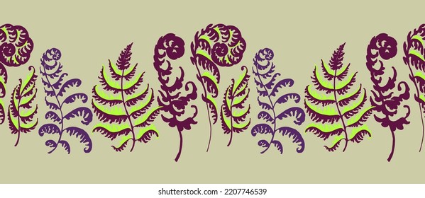 A vector illustration of fern pattern. Fern pattern with paint prints of fern leaves. Set of silhouettes of ferns. Can be used for textiles, wallpaper, wrapping paper