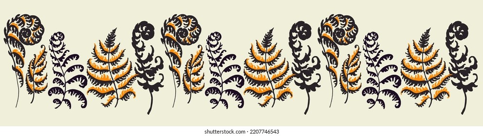 A vector illustration of fern pattern. Fern pattern with paint prints of fern leaves. Set of silhouettes of ferns. Can be used for textiles, wallpaper, wrapping paper