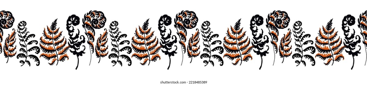 A vector illustration of fern pattern. Fern pattern with paint prints of fern leaves. Set of silhouettes of ferns. Can be used for textiles, wallpaper, wrapping paper