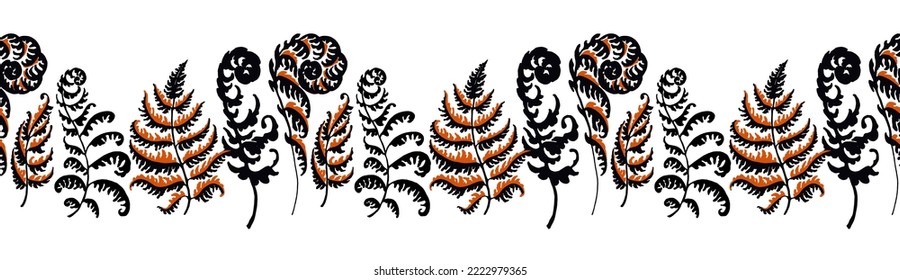 A vector illustration of fern pattern. Fern pattern with paint prints of fern leaves. Set of silhouettes of ferns. Can be used for textiles, wallpaper, wrapping paper