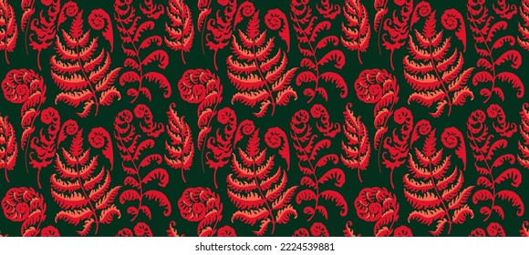 A vector illustration of fern pattern. Fern pattern with paint prints of fern leaves. Set of silhouettes of ferns. Can be used for textiles, wallpaper, wrapping paper