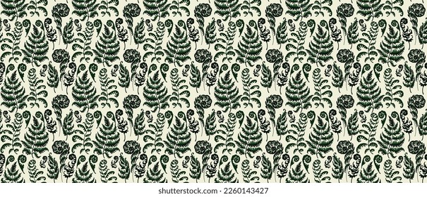 A vector illustration of fern pattern. Fern pattern with paint prints of fern leaves. Set of silhouettes of ferns. Can be used for textiles, wallpaper, wrapping paper
