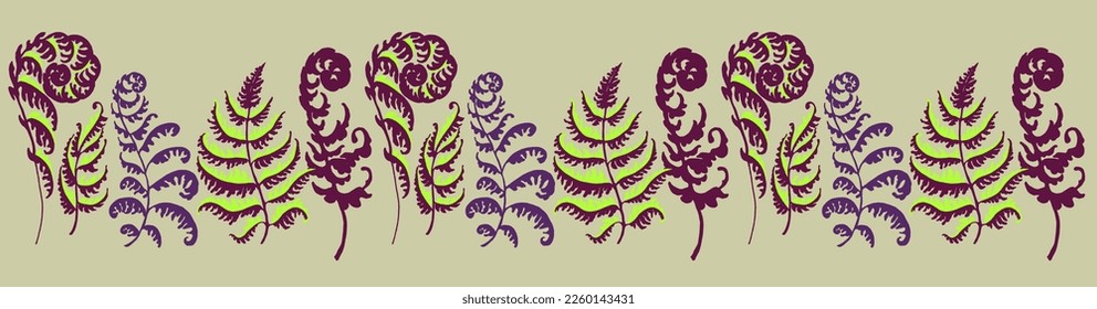 A vector illustration of fern pattern. Fern pattern with paint prints of fern leaves. Set of silhouettes of ferns. Can be used for textiles, wallpaper, wrapping paper