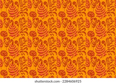 A vector illustration of fern pattern. Fern pattern with paint prints of fern leaves. Set of silhouettes of ferns. Can be used for textiles, wallpaper, wrapping paper