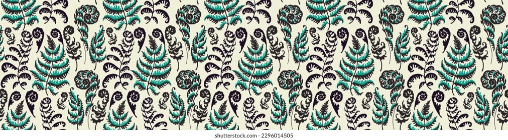 A vector illustration of fern pattern. Fern pattern with paint prints of fern leaves. Set of silhouettes of ferns. Can be used for textiles, wallpaper, wrapping paper